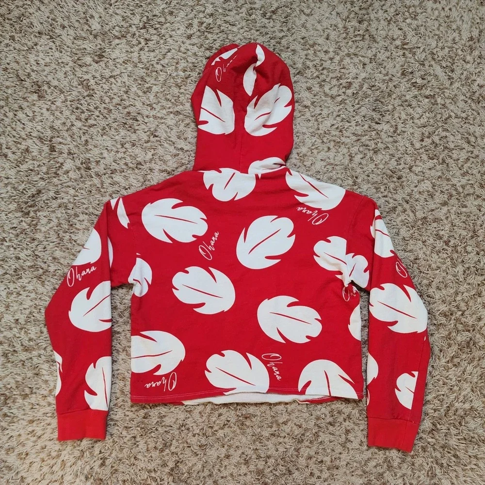 Disney Lilo Stitch Pullover Hoodie Sweater‎ Kids Sz XS Red White Leaf Pattern